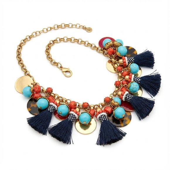 J. Crew Beautiful Chaos Gold, Red, Turquoise and Blue Bohemian Necklace